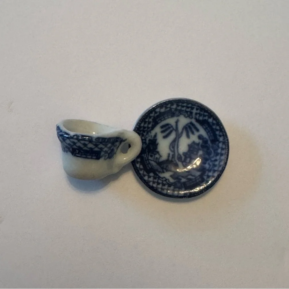 Blue and White Miniature transferware cup saucer tiny miniatures collectible